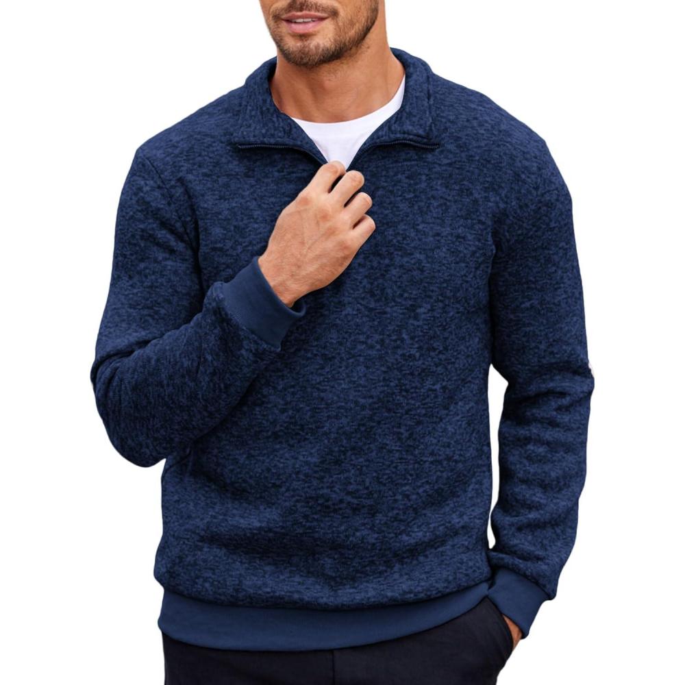 imageCOOFANDY Mens Quarter Zip Pullover Casual Long Sleeve Sweater Slim Fit Sweater Mock Neck Polo SweaterRoyal Blue