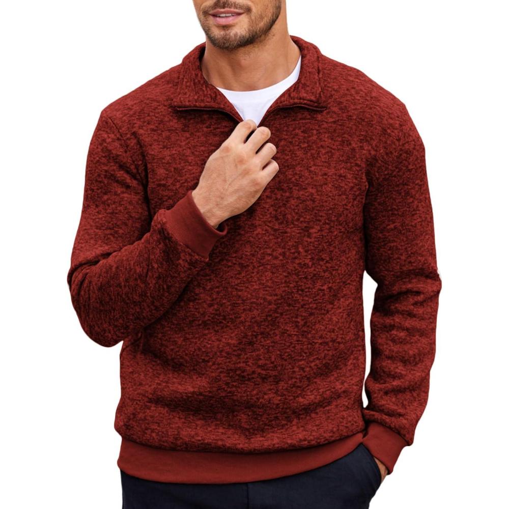 imageCOOFANDY Mens Quarter Zip Pullover Casual Long Sleeve Sweater Slim Fit Sweater Mock Neck Polo SweaterWine Red