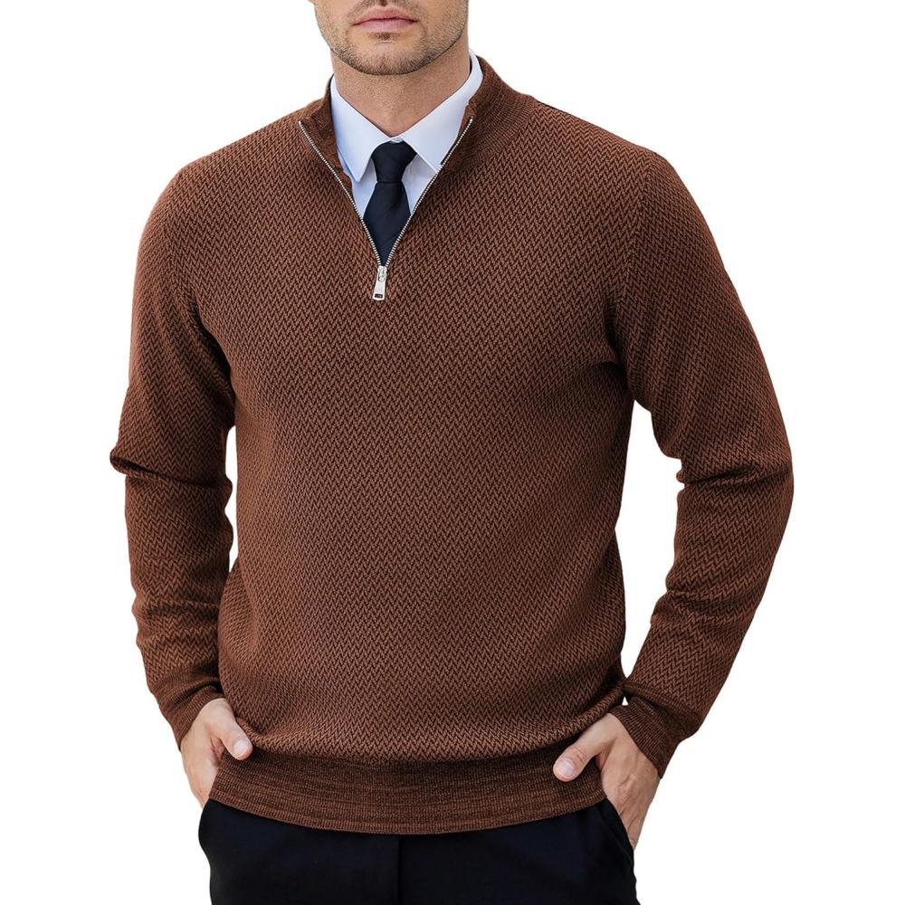 imageCOOFANDY Mens Quarter Zip Pullover Slim Fit Lightweight Knit Pullover Sweaters Casual Polo SweaterBrown