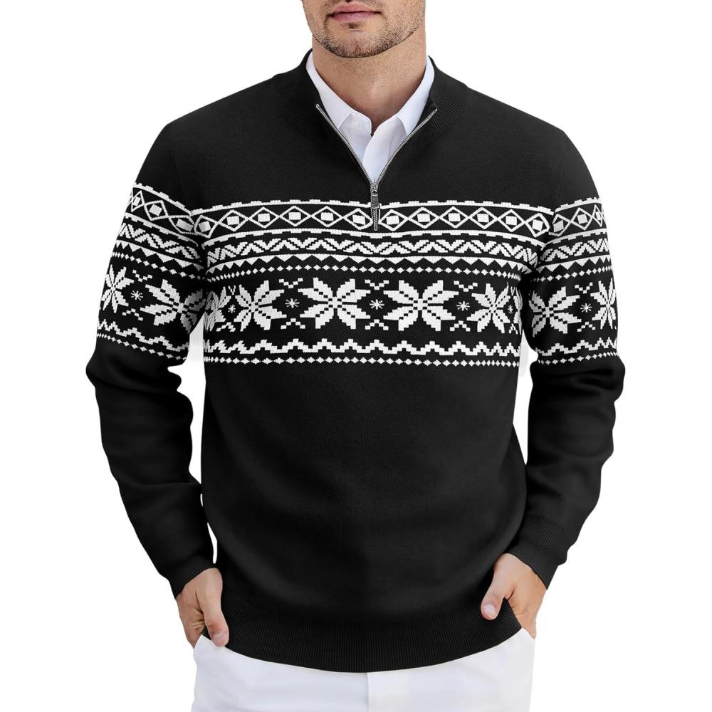 imageCOOFANDY Mens Quarter Zip Pullover Slim Fit Lightweight Knit Pullover Sweaters Casual Polo SweaterChristmas Black  White