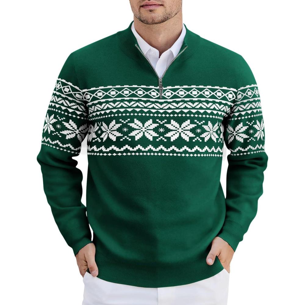 imageCOOFANDY Mens Quarter Zip Pullover Slim Fit Lightweight Knit Pullover Sweaters Casual Polo SweaterChristmas Green White