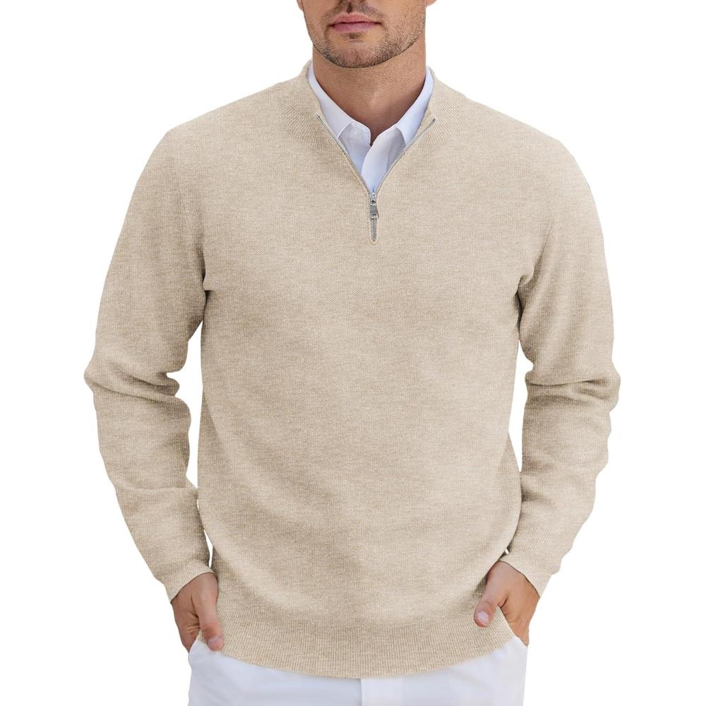 imageCOOFANDY Mens Quarter Zip Pullover Slim Fit Lightweight Knit Pullover Sweaters Casual Polo SweaterKhaki
