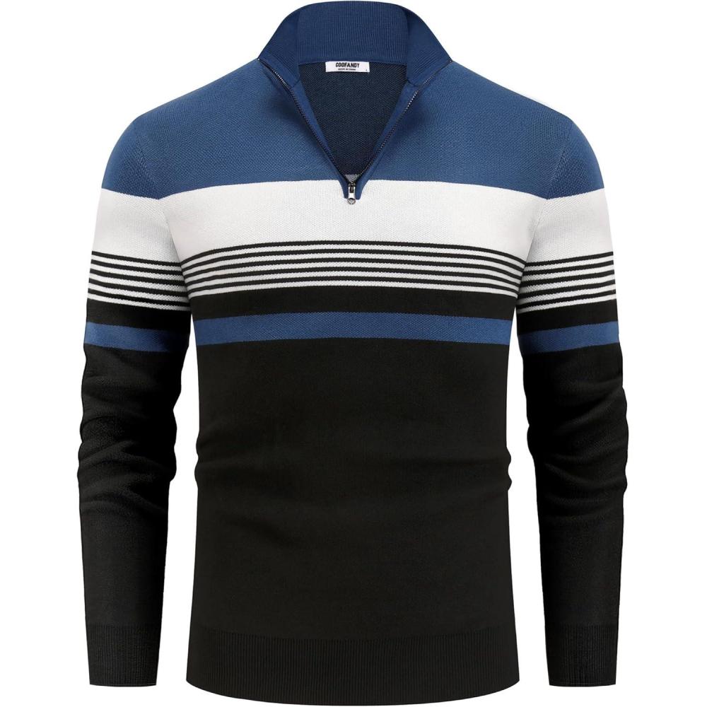 imageCOOFANDY Mens Quarter Zip Pullover Slim Fit Lightweight Knit Pullover Sweaters Casual Polo SweaterStripeblueblackwhite
