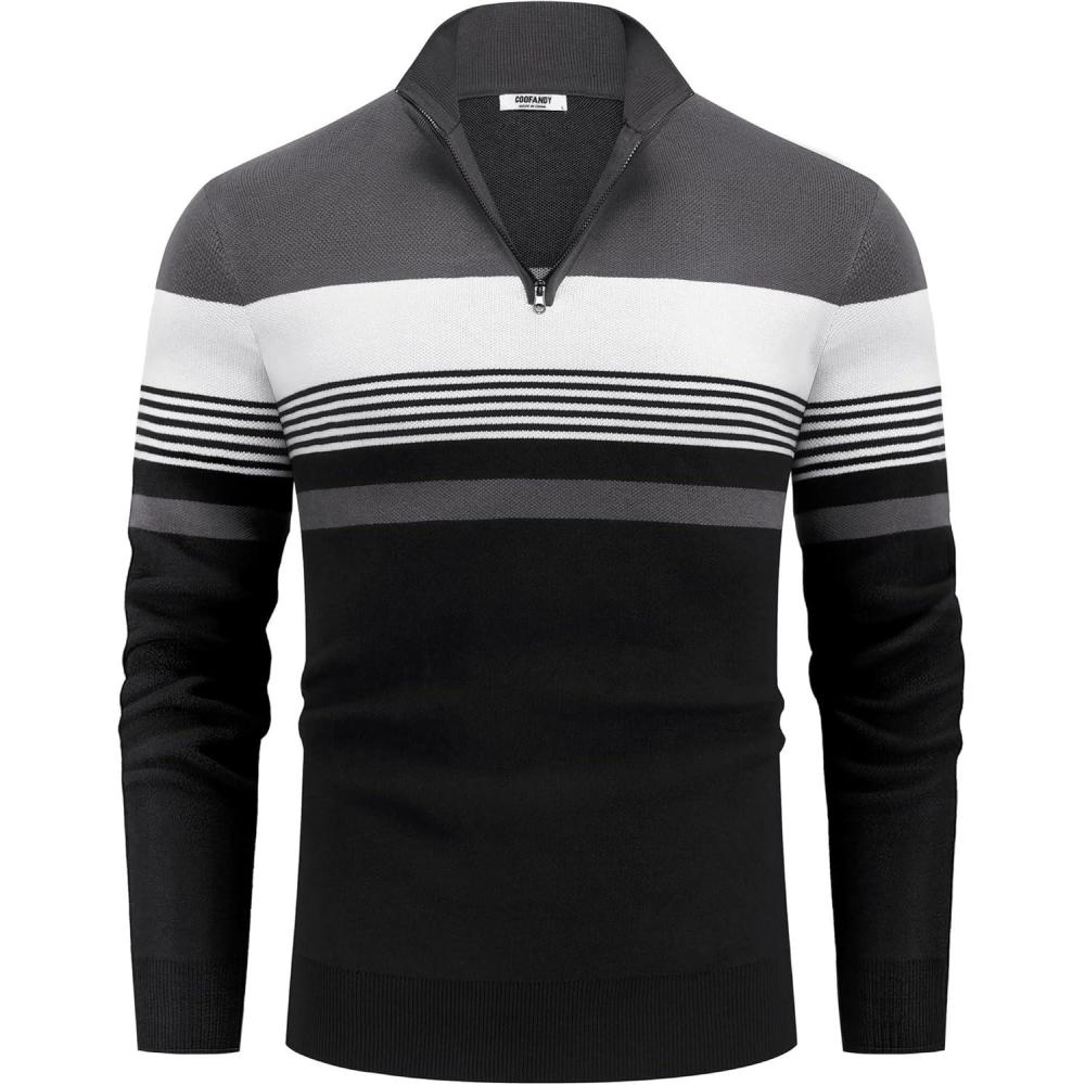 imageCOOFANDY Mens Quarter Zip Pullover Slim Fit Lightweight Knit Pullover Sweaters Casual Polo SweaterStripegreyblackwhite