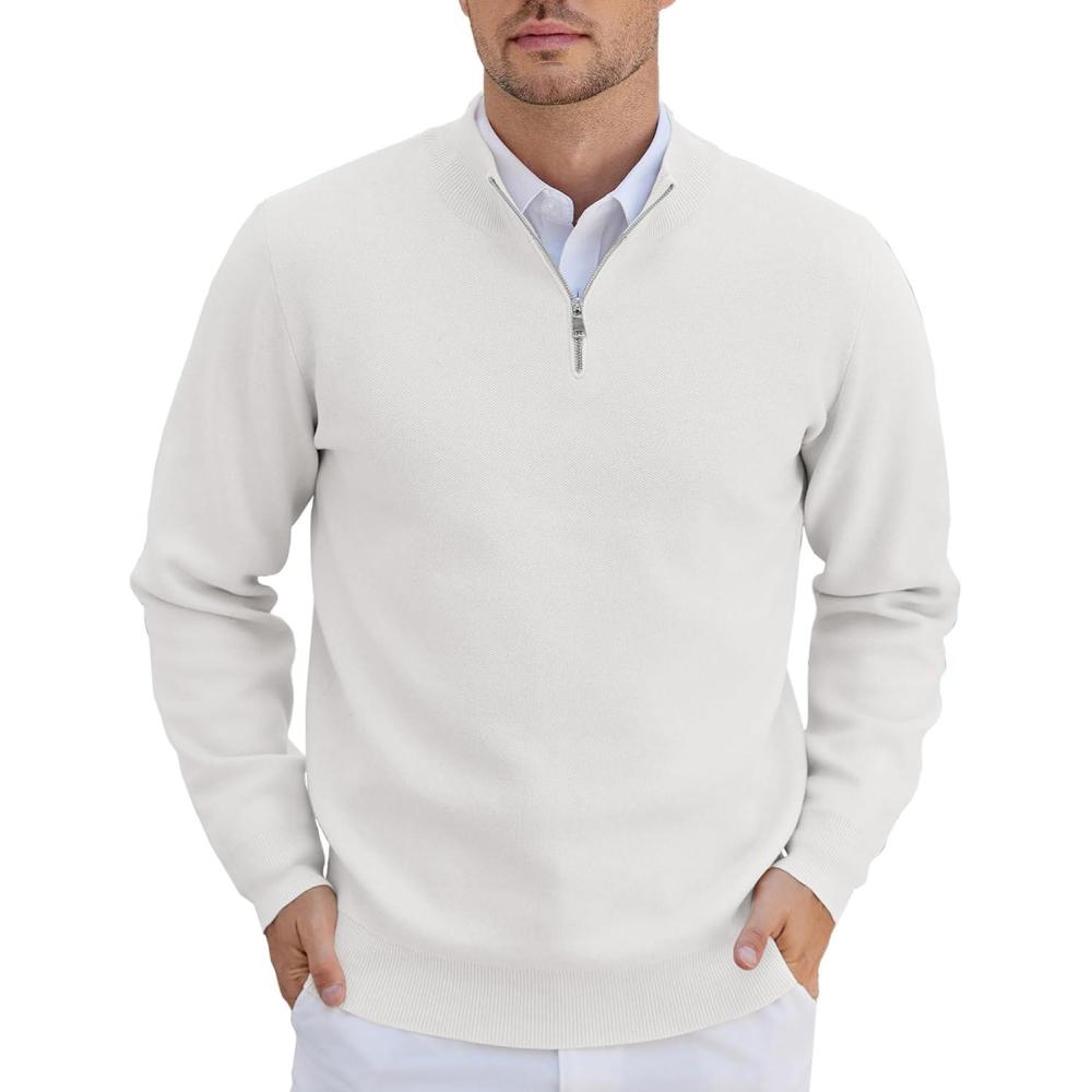 imageCOOFANDY Mens Quarter Zip Pullover Slim Fit Lightweight Knit Pullover Sweaters Casual Polo SweaterWhite