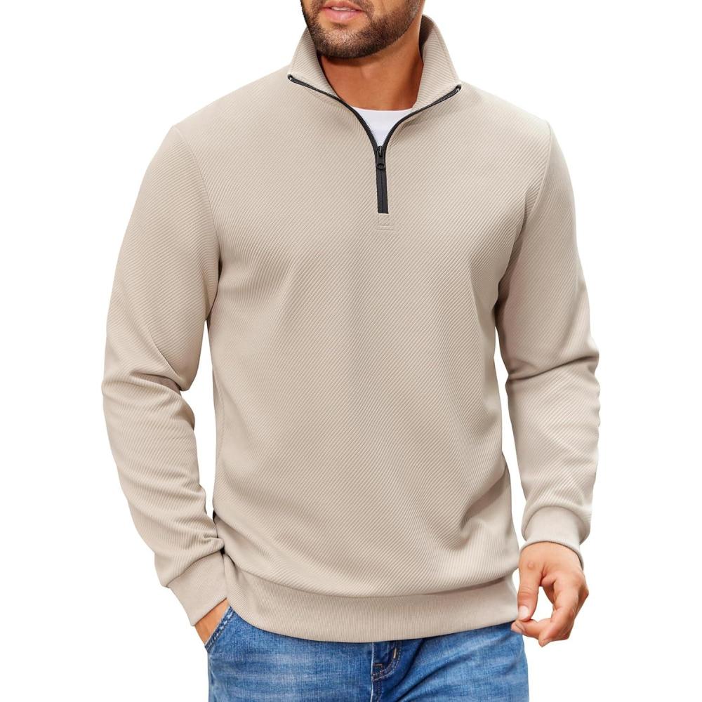 imageCOOFANDY Mens Quarter Zip Pullover Sweatshirts Lightweight Long Sleeve Mock Neck Sweater PoloLight Khaki