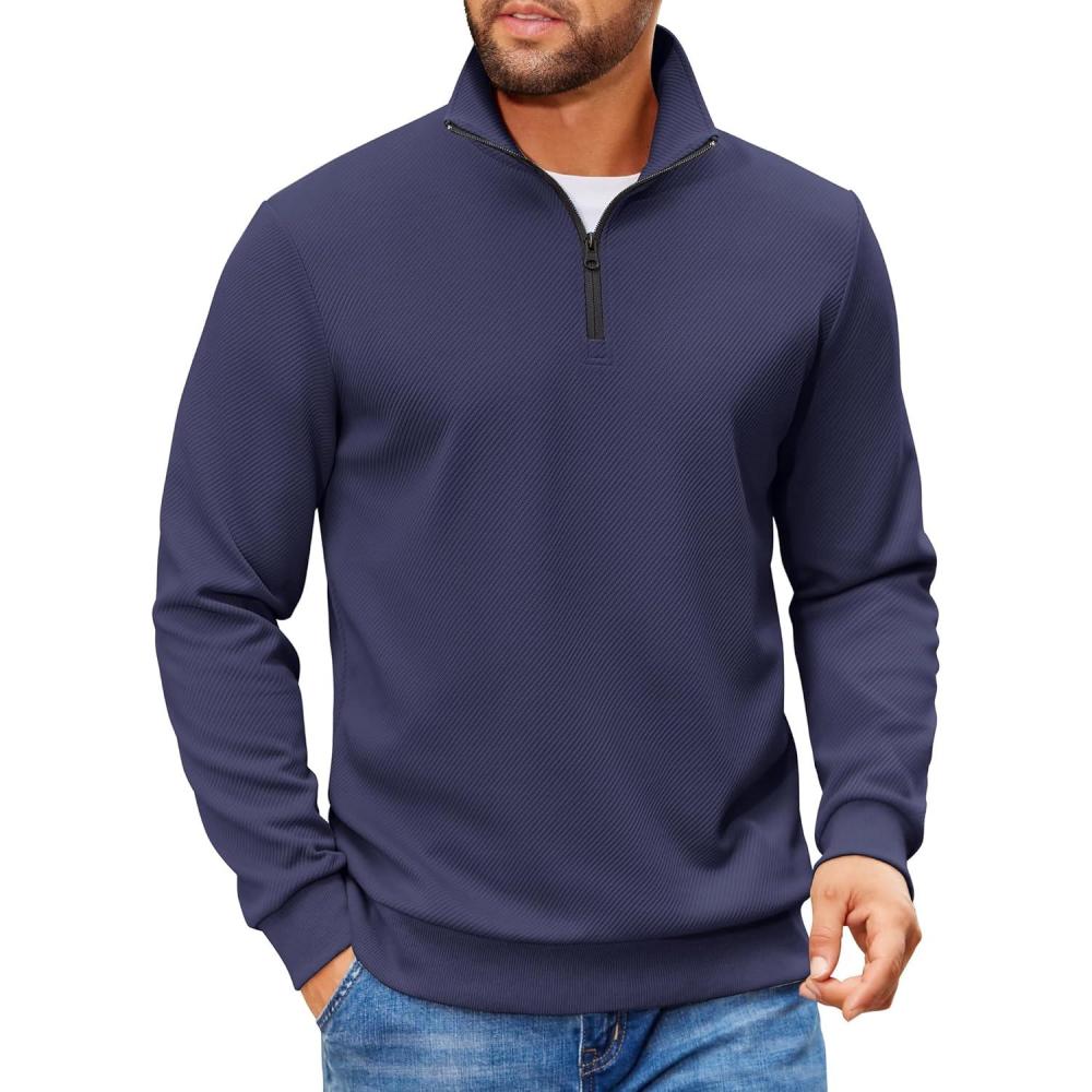 imageCOOFANDY Mens Quarter Zip Pullover Sweatshirts Lightweight Long Sleeve Mock Neck Sweater PoloNavy Blue