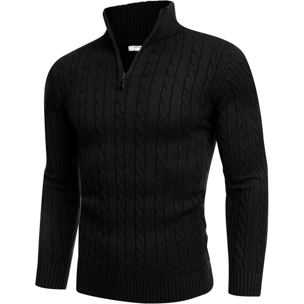 imageCOOFANDY Mens Quarter Zip Sweater Slim Fit Casual Knitted Turtleneck Pullover Mock Neck Polo SweaterBlack