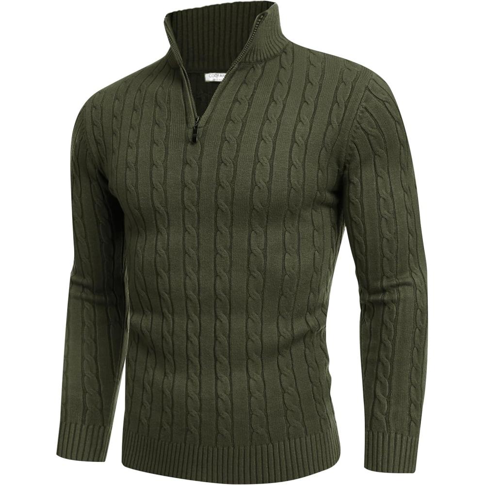 imageCOOFANDY Mens Quarter Zip Sweater Slim Fit Casual Knitted Turtleneck Pullover Mock Neck Polo SweaterDark Army Green