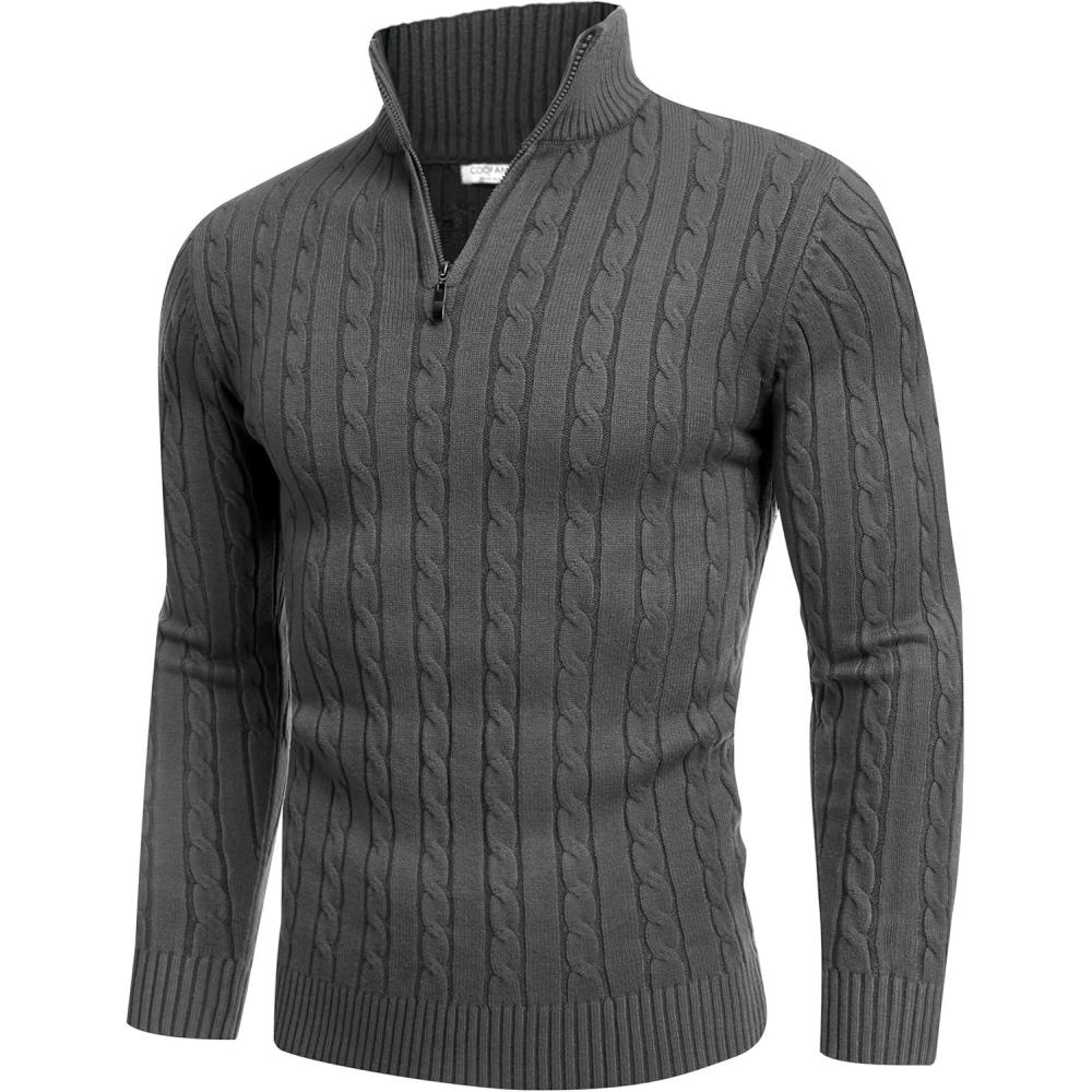 imageCOOFANDY Mens Quarter Zip Sweater Slim Fit Casual Knitted Turtleneck Pullover Mock Neck Polo SweaterDark Grey