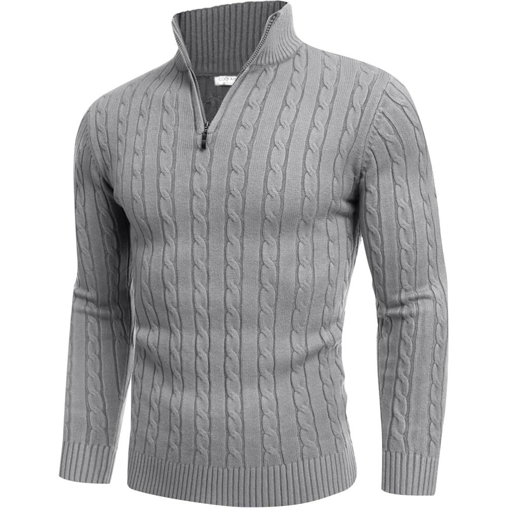 imageCOOFANDY Mens Quarter Zip Sweater Slim Fit Casual Knitted Turtleneck Pullover Mock Neck Polo SweaterGrey