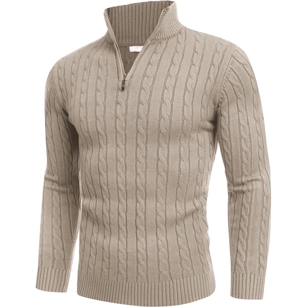 imageCOOFANDY Mens Quarter Zip Sweater Slim Fit Casual Knitted Turtleneck Pullover Mock Neck Polo SweaterKhaki