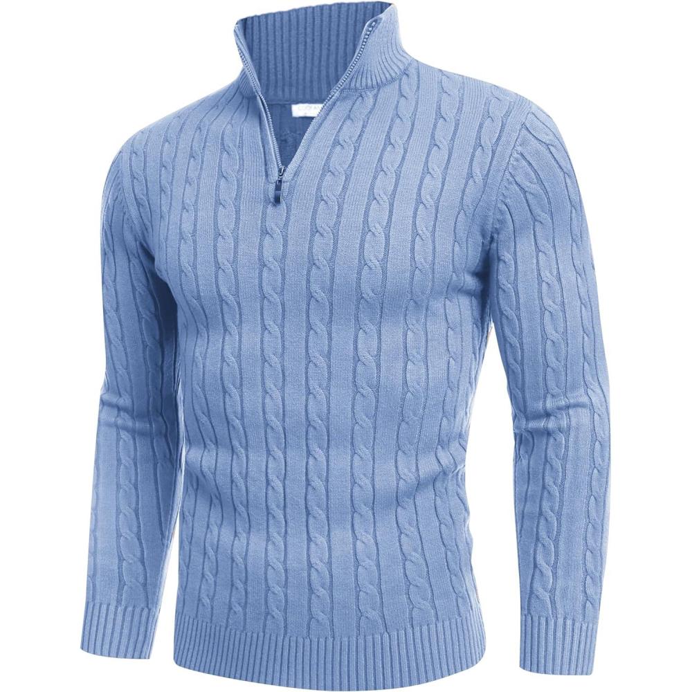 imageCOOFANDY Mens Quarter Zip Sweater Slim Fit Casual Knitted Turtleneck Pullover Mock Neck Polo SweaterLight Blue