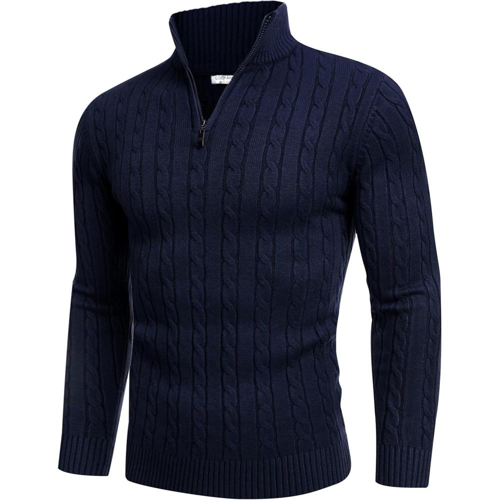 imageCOOFANDY Mens Quarter Zip Sweater Slim Fit Casual Knitted Turtleneck Pullover Mock Neck Polo SweaterNavy Blue