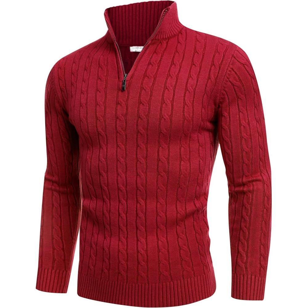 imageCOOFANDY Mens Quarter Zip Sweater Slim Fit Casual Knitted Turtleneck Pullover Mock Neck Polo SweaterRed