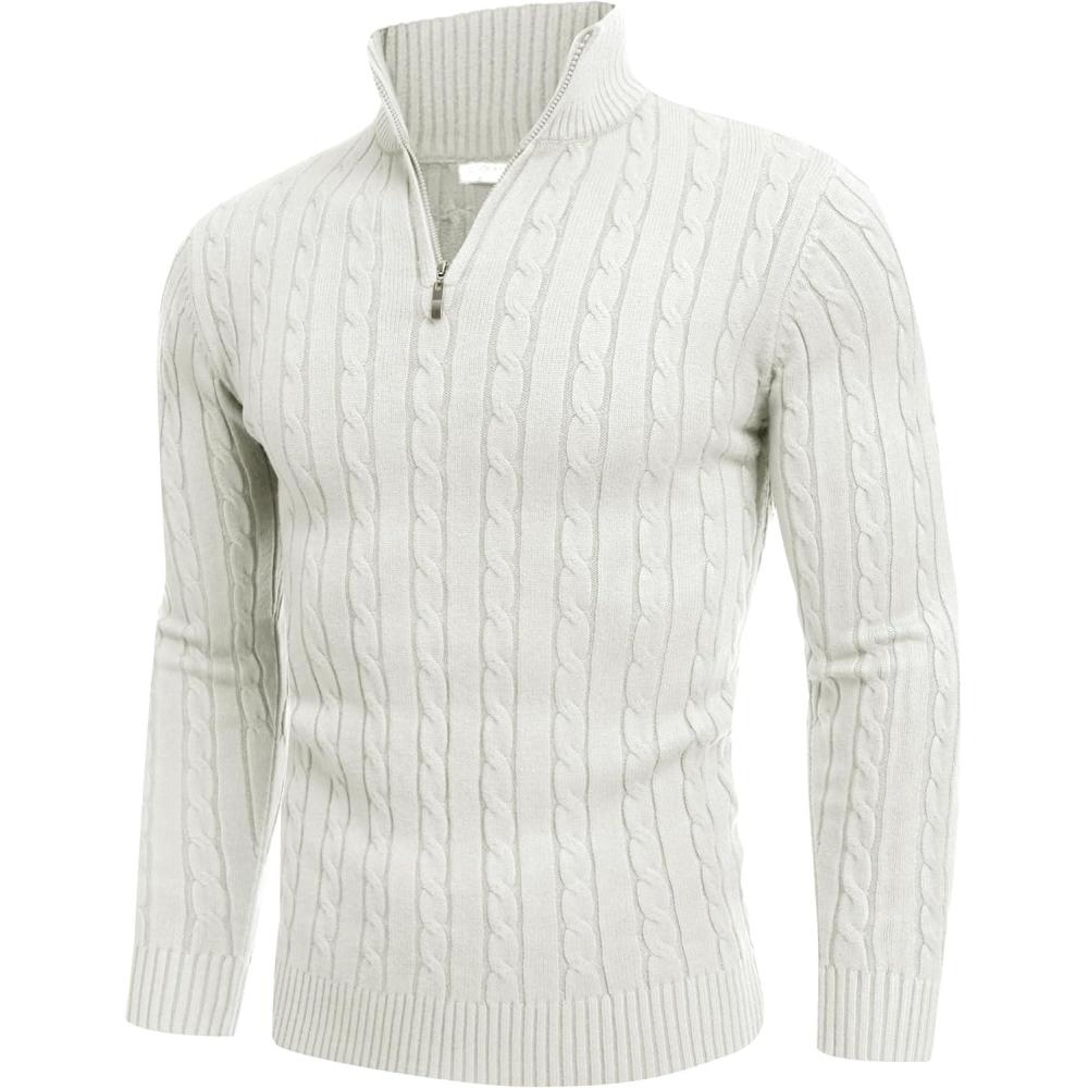 imageCOOFANDY Mens Quarter Zip Sweater Slim Fit Casual Knitted Turtleneck Pullover Mock Neck Polo SweaterWhite