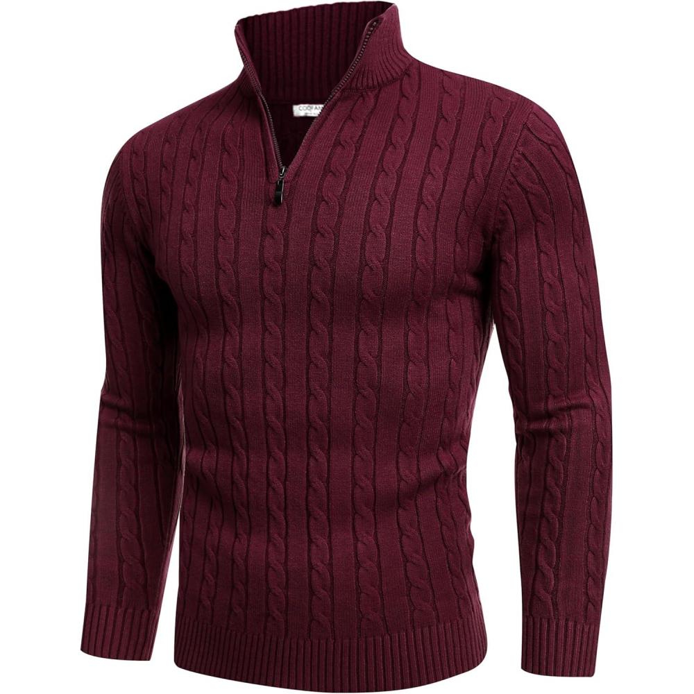 imageCOOFANDY Mens Quarter Zip Sweater Slim Fit Casual Knitted Turtleneck Pullover Mock Neck Polo SweaterWine Red