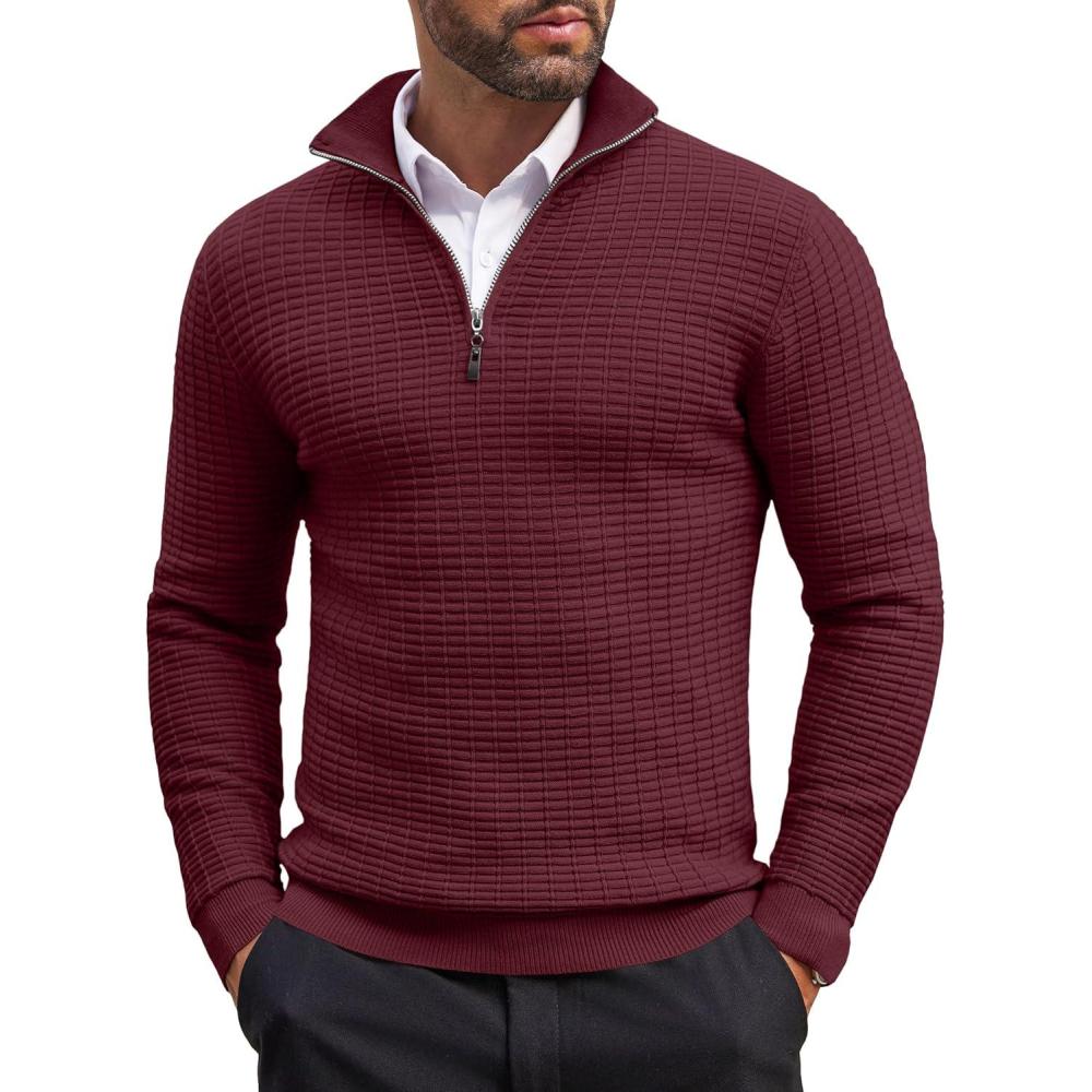 imageCOOFANDY Mens Quarter Zip Sweaters Slim Fit Lightweight Cotton Knitted Casual Mock Neck Pullover Sweaters1wine Red