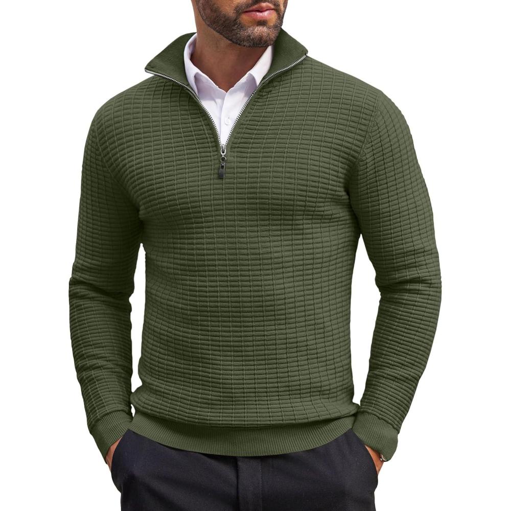 imageCOOFANDY Mens Quarter Zip Sweaters Slim Fit Lightweight Cotton Knitted Casual Mock Neck Pullover SweatersArmy Green