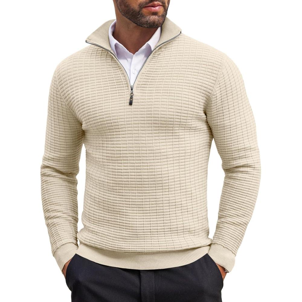 imageCOOFANDY Mens Quarter Zip Sweaters Slim Fit Lightweight Cotton Knitted Casual Mock Neck Pullover SweatersBeige