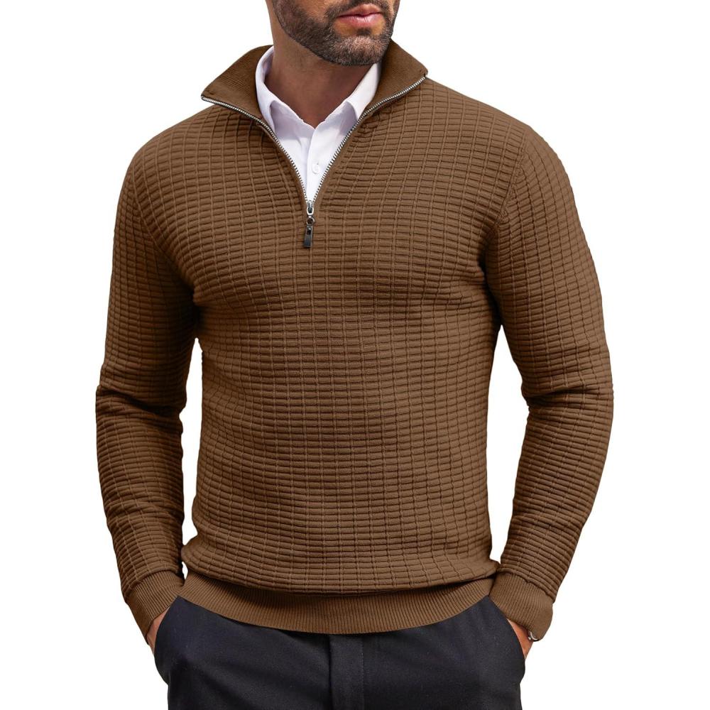 imageCOOFANDY Mens Quarter Zip Sweaters Slim Fit Lightweight Cotton Knitted Casual Mock Neck Pullover SweatersBrown