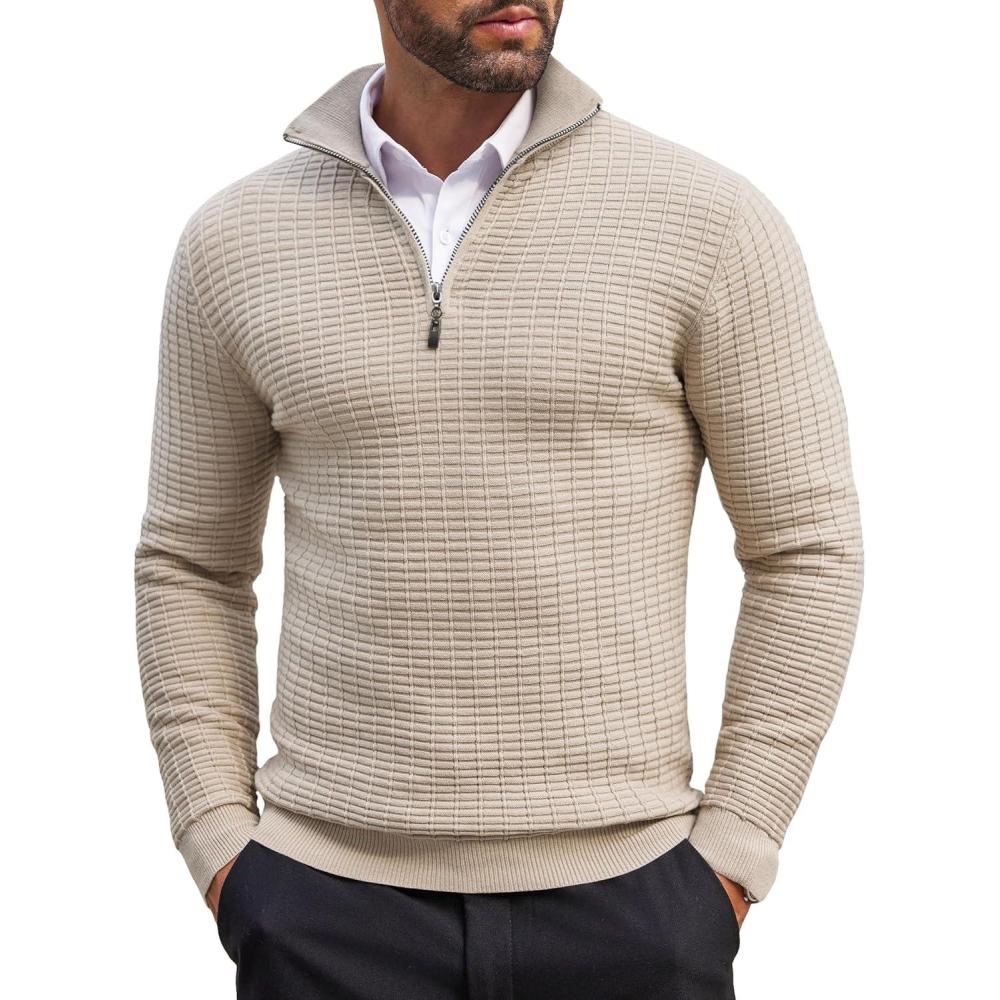 imageCOOFANDY Mens Quarter Zip Sweaters Slim Fit Lightweight Cotton Knitted Casual Mock Neck Pullover SweatersKhaki