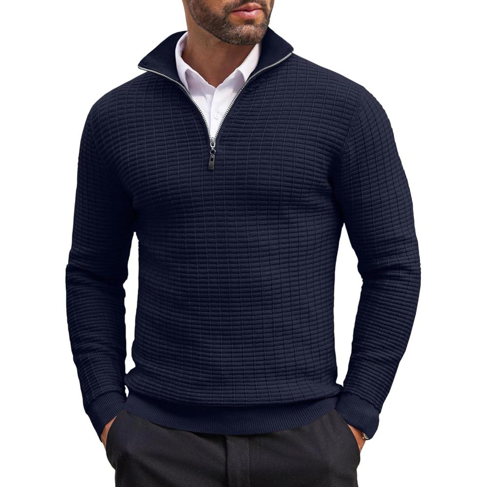 imageCOOFANDY Mens Quarter Zip Sweaters Slim Fit Lightweight Cotton Knitted Casual Mock Neck Pullover SweatersNavy Blue