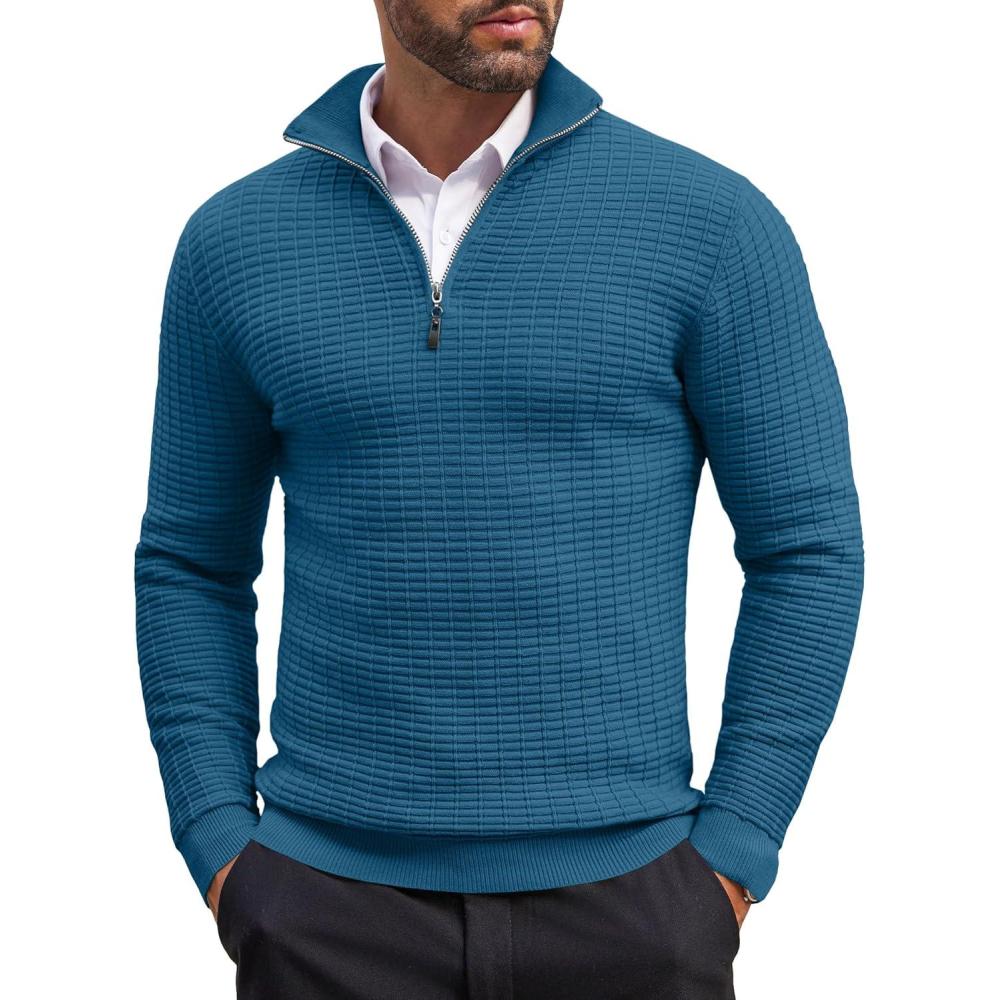 imageCOOFANDY Mens Quarter Zip Sweaters Slim Fit Lightweight Cotton Knitted Casual Mock Neck Pullover SweatersPeacock Blue