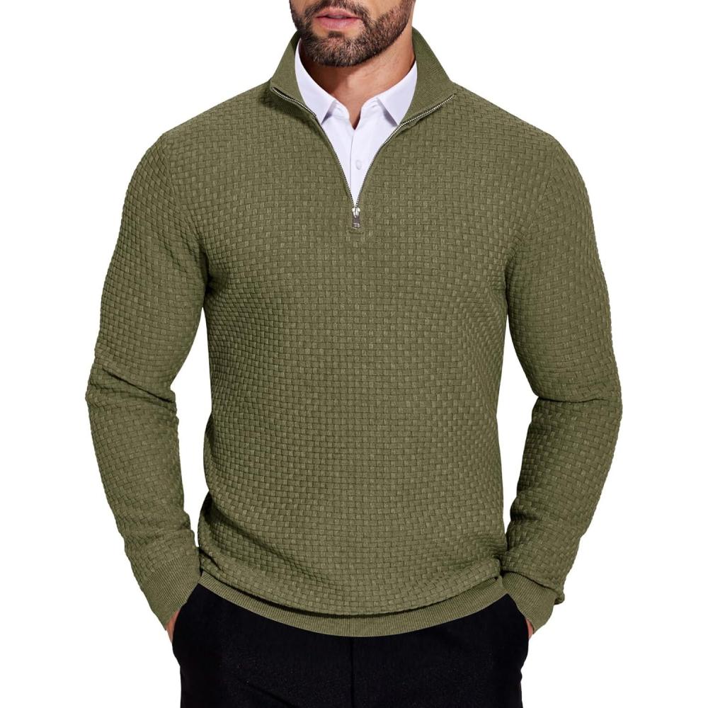 imageCOOFANDY Mens Quarter Zip Sweaters Slim Fit Lightweight Knitted Mock Neck Pullover Casual Polo SweatersArmy Green