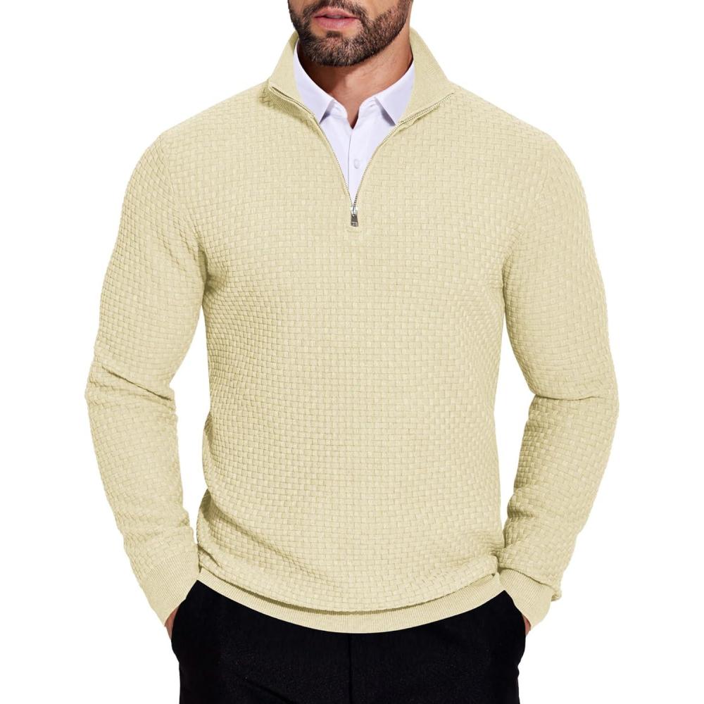 imageCOOFANDY Mens Quarter Zip Sweaters Slim Fit Lightweight Knitted Mock Neck Pullover Casual Polo SweatersBeige