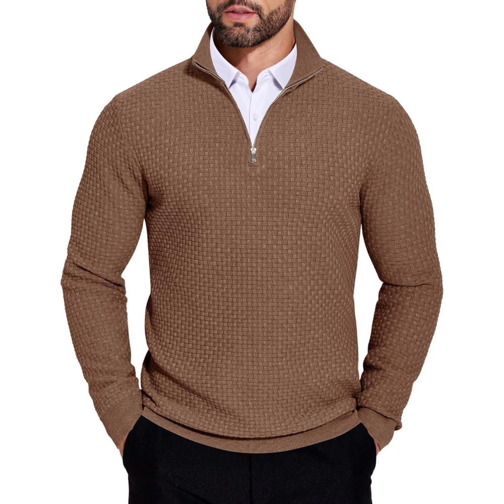 imageCOOFANDY Mens Quarter Zip Sweaters Slim Fit Lightweight Knitted Mock Neck Pullover Casual Polo SweatersBrown