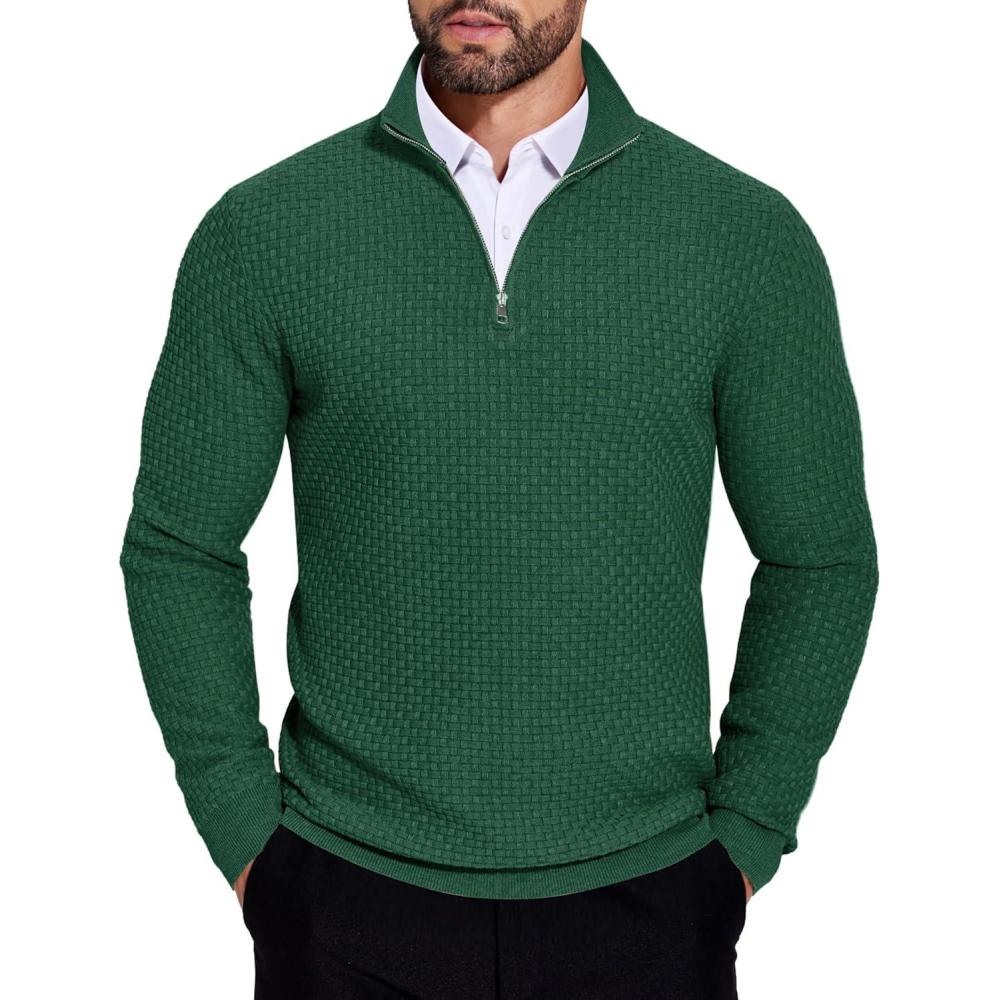 imageCOOFANDY Mens Quarter Zip Sweaters Slim Fit Lightweight Knitted Mock Neck Pullover Casual Polo SweatersDark Green