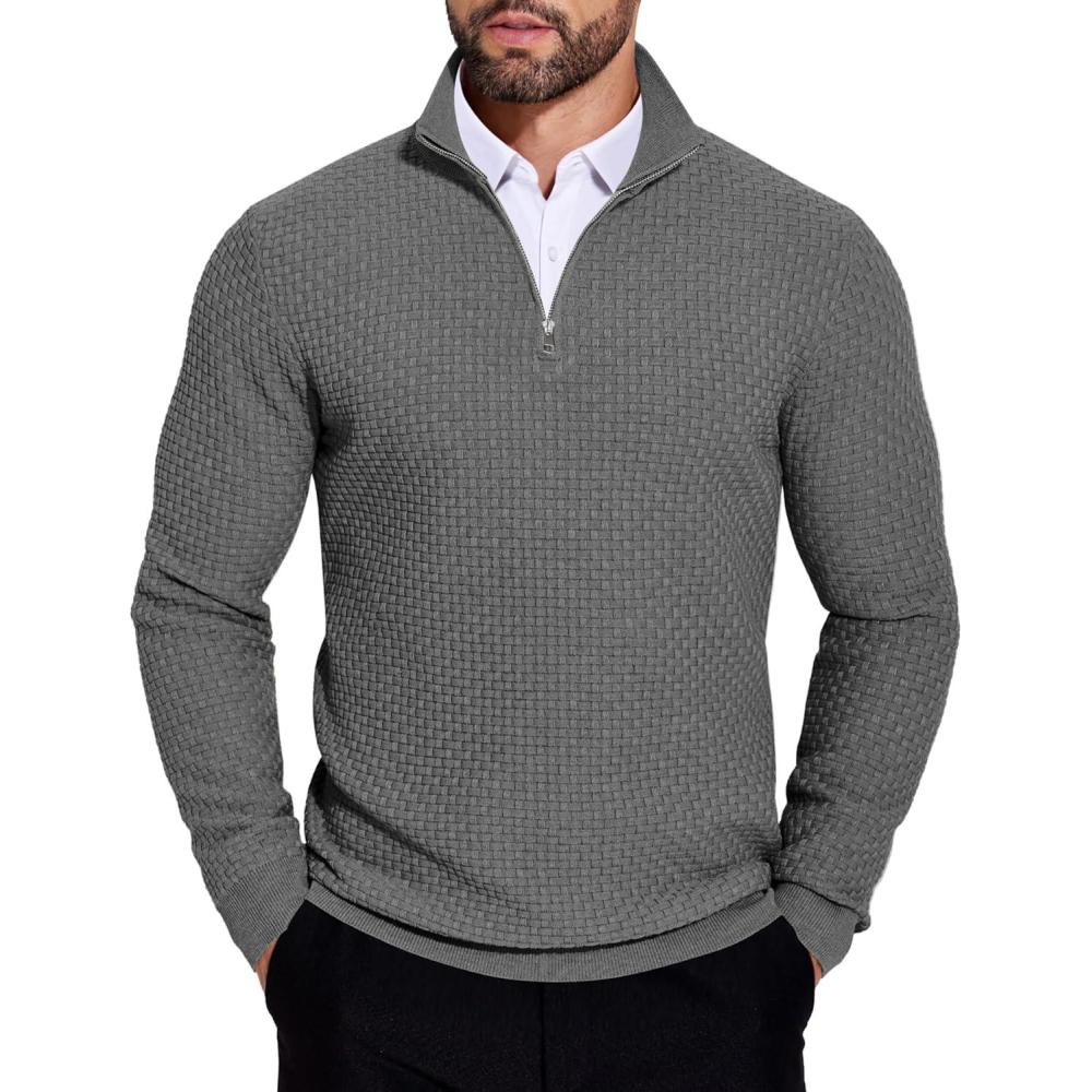 imageCOOFANDY Mens Quarter Zip Sweaters Slim Fit Lightweight Knitted Mock Neck Pullover Casual Polo SweatersDark Grey