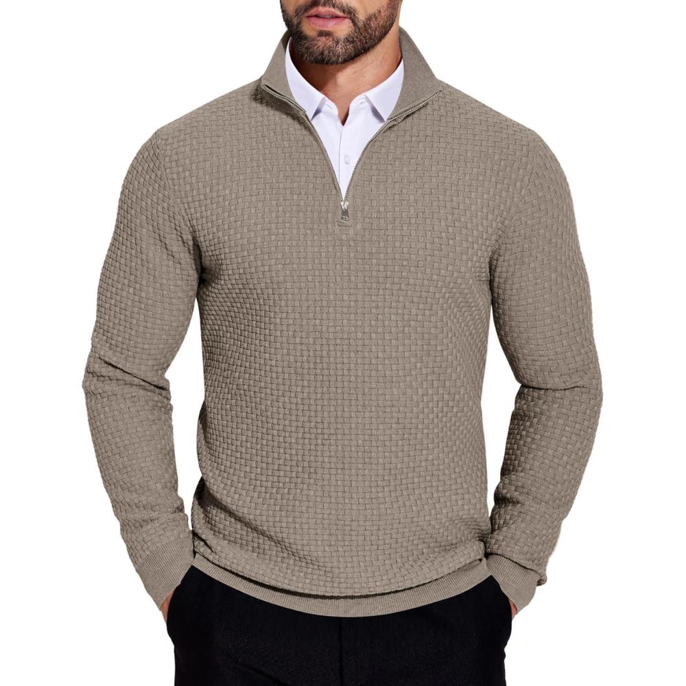 imageCOOFANDY Mens Quarter Zip Sweaters Slim Fit Lightweight Knitted Mock Neck Pullover Casual Polo SweatersDark Khaki