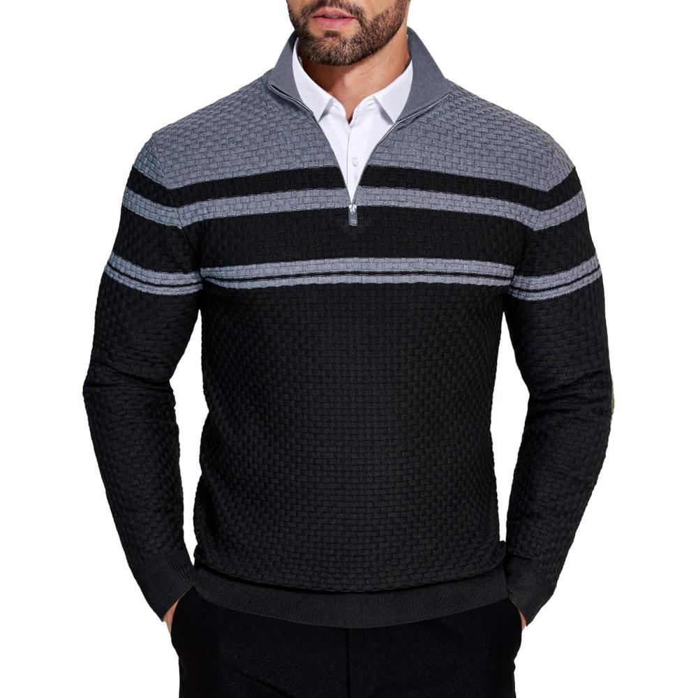imageCOOFANDY Mens Quarter Zip Sweaters Slim Fit Lightweight Knitted Mock Neck Pullover Casual Polo SweatersGray StripesBlack Background