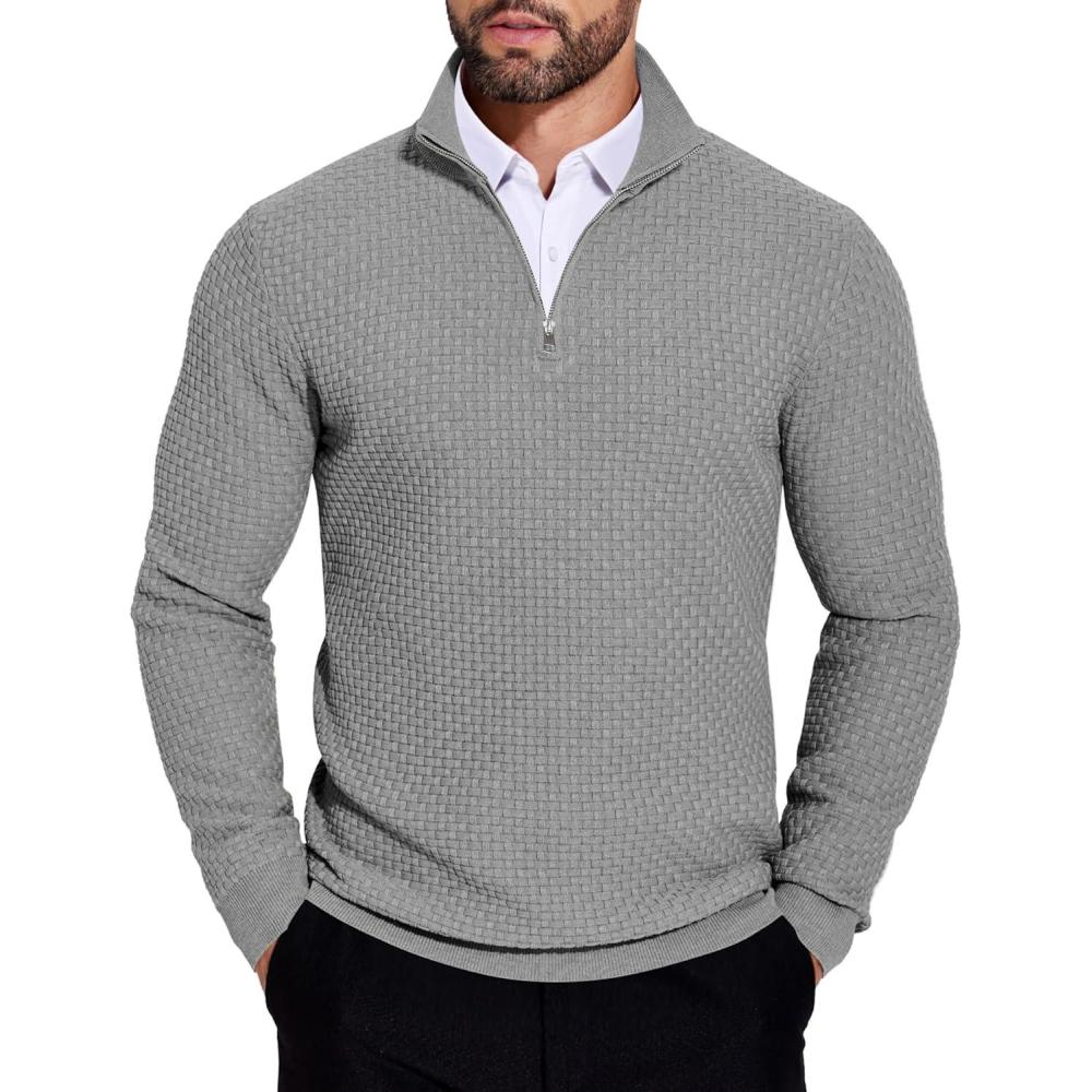 imageCOOFANDY Mens Quarter Zip Sweaters Slim Fit Lightweight Knitted Mock Neck Pullover Casual Polo SweatersGrey