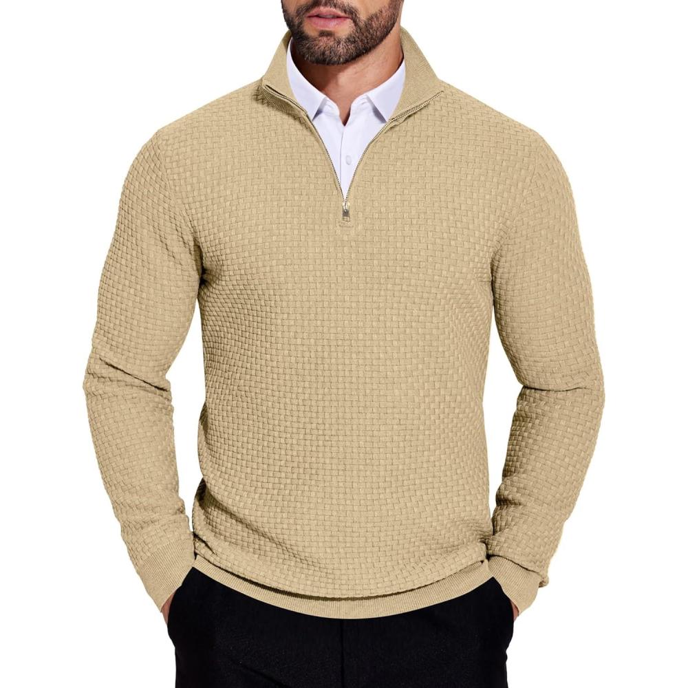 imageCOOFANDY Mens Quarter Zip Sweaters Slim Fit Lightweight Knitted Mock Neck Pullover Casual Polo SweatersKhaki