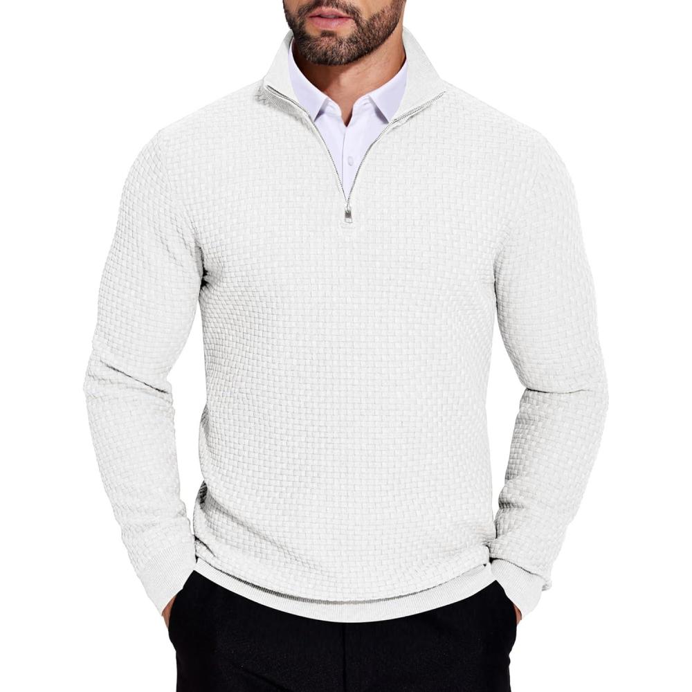 imageCOOFANDY Mens Quarter Zip Sweaters Slim Fit Lightweight Knitted Mock Neck Pullover Casual Polo SweatersWhite
