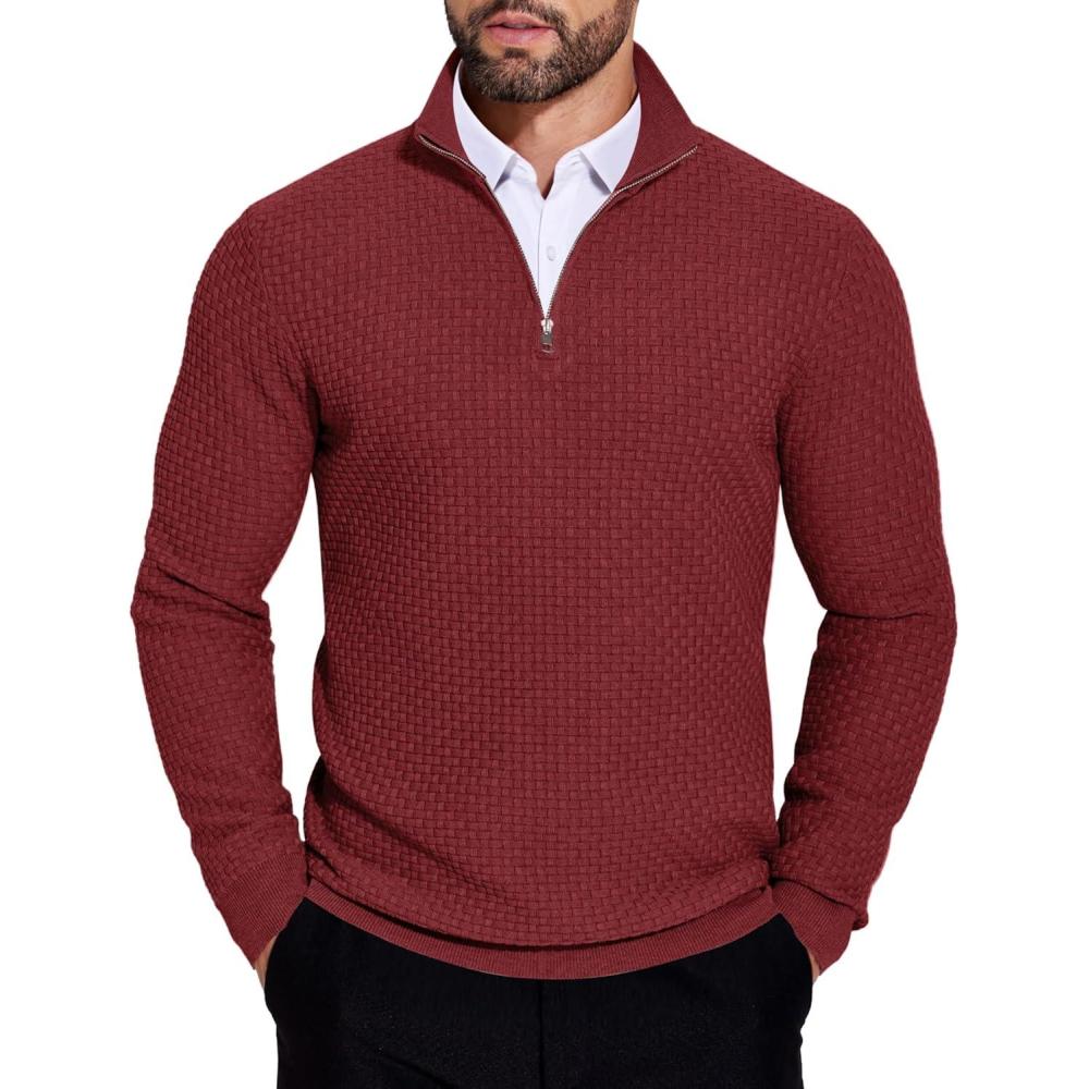 imageCOOFANDY Mens Quarter Zip Sweaters Slim Fit Lightweight Knitted Mock Neck Pullover Casual Polo SweatersWine Red