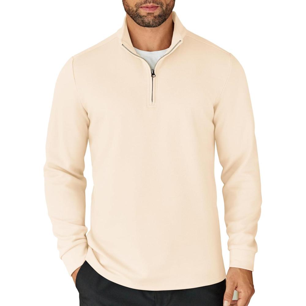 imageCOOFANDY Mens Quarter Zip Up Pullover Lightweight Mock Neck Sweatshirt Casual Long Sleeve Polo ShirtBeige