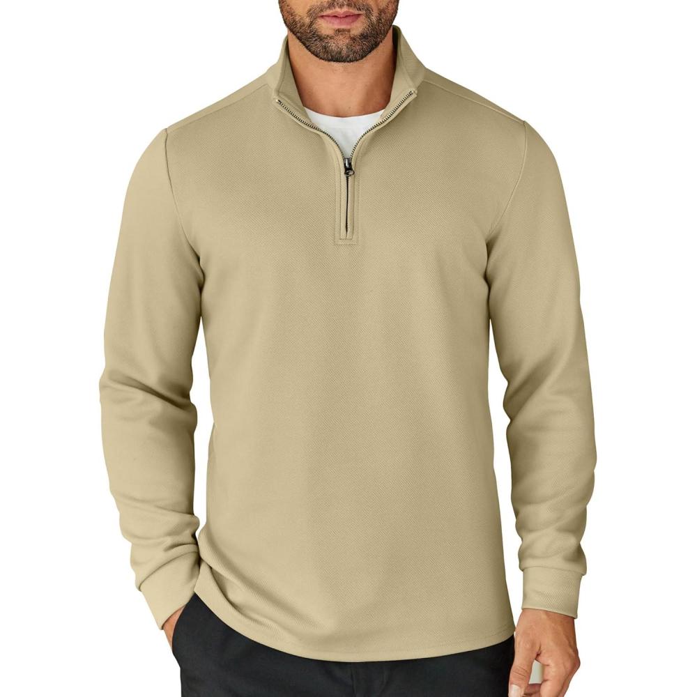 imageCOOFANDY Mens Quarter Zip Up Pullover Lightweight Mock Neck Sweatshirt Casual Long Sleeve Polo ShirtCamel