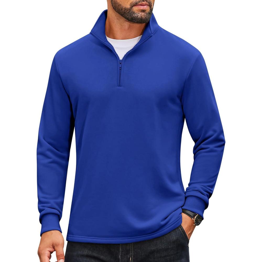 imageCOOFANDY Mens Quarter Zip Up Pullover Lightweight Mock Neck Sweatshirt Casual Long Sleeve Polo ShirtDeep Blue