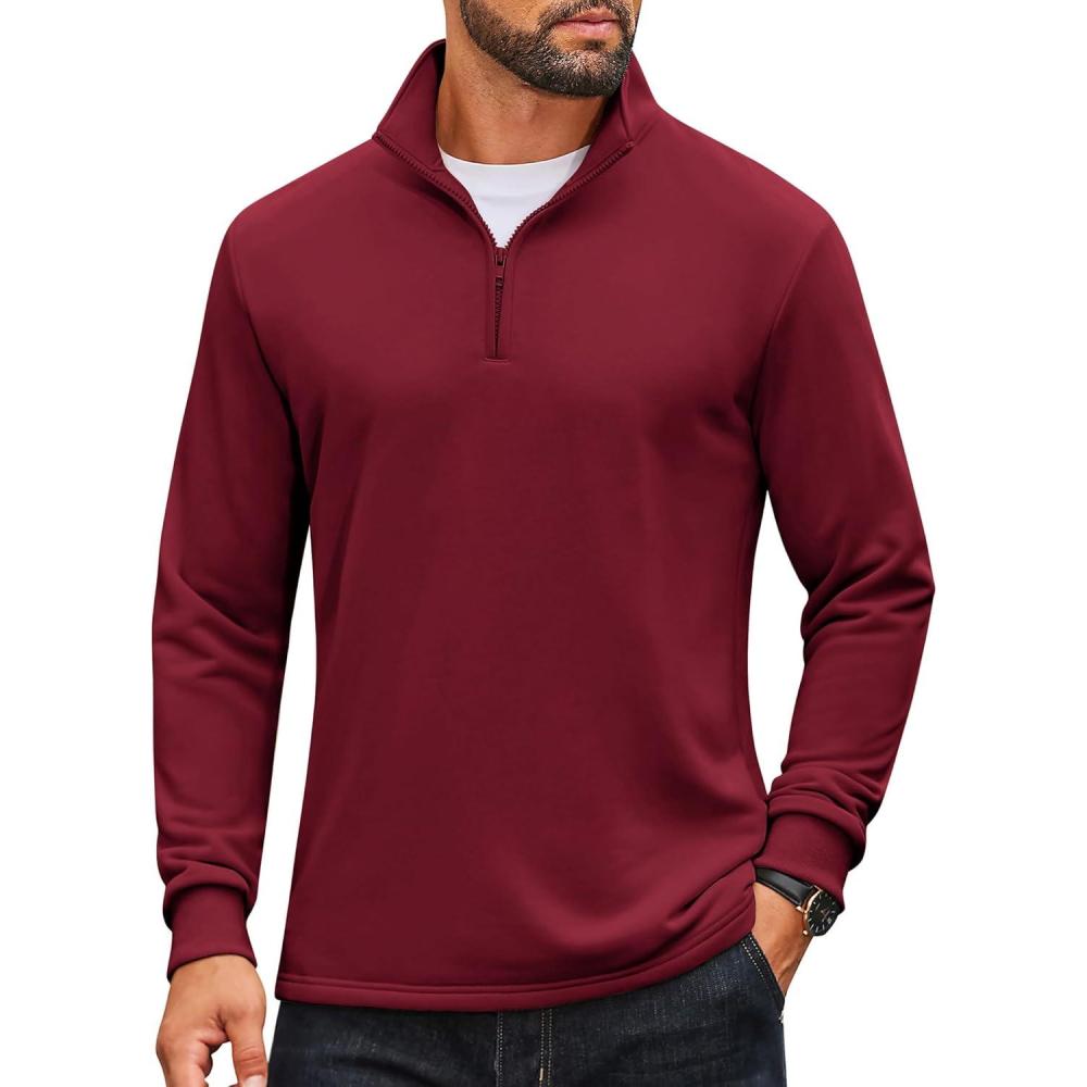 imageCOOFANDY Mens Quarter Zip Up Pullover Lightweight Mock Neck Sweatshirt Casual Long Sleeve Polo ShirtWine Red