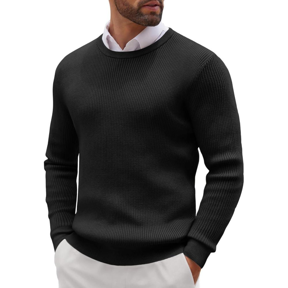 imageCOOFANDY Mens Ribbed Crewneck Sweater Long Sleeve Slim Fit Knitted Pullover SweaterAblack