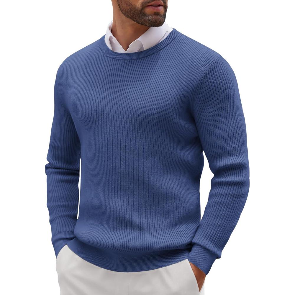 imageCOOFANDY Mens Ribbed Crewneck Sweater Long Sleeve Slim Fit Knitted Pullover SweaterBlue
