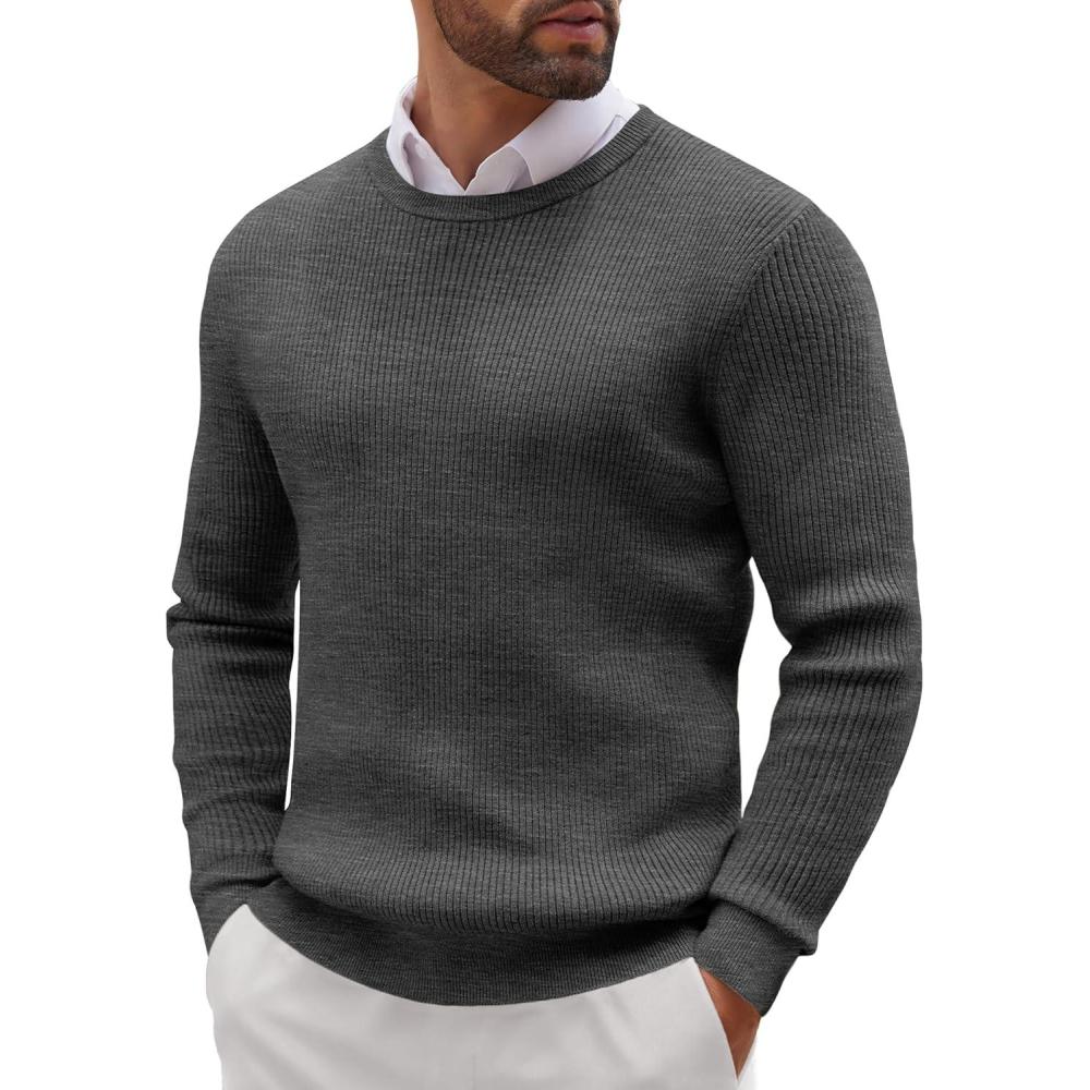 imageCOOFANDY Mens Ribbed Crewneck Sweater Long Sleeve Slim Fit Knitted Pullover SweaterDark Grey