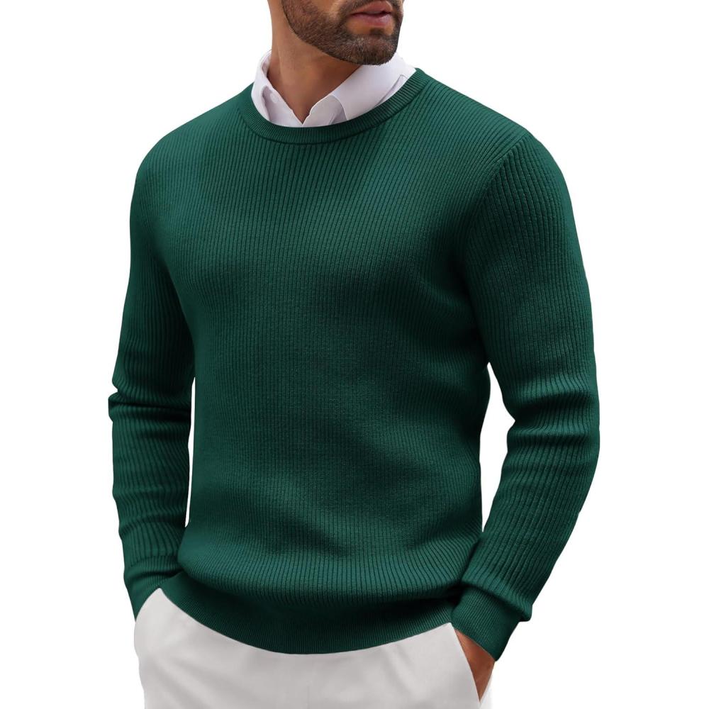 imageCOOFANDY Mens Ribbed Crewneck Sweater Long Sleeve Slim Fit Knitted Pullover SweaterGreen