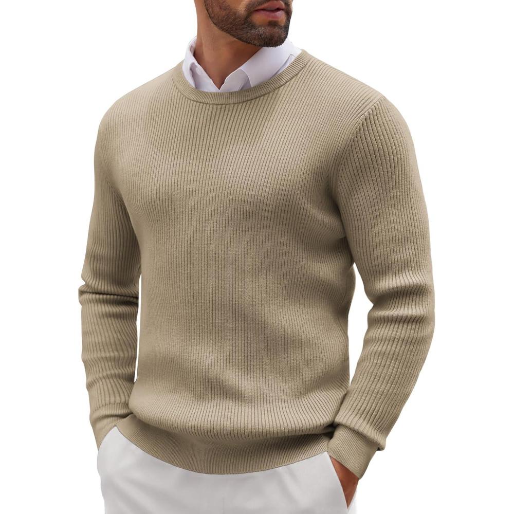 imageCOOFANDY Mens Ribbed Crewneck Sweater Long Sleeve Slim Fit Knitted Pullover SweaterKhaki