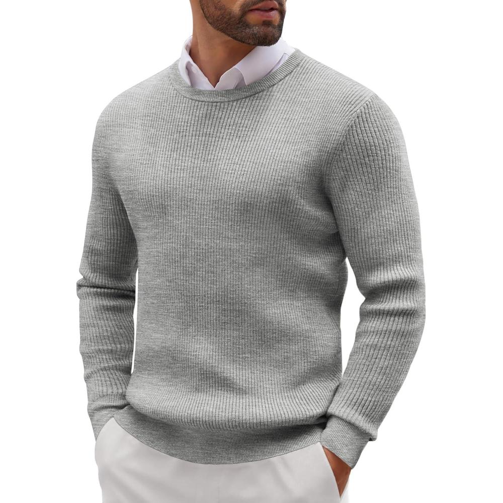 imageCOOFANDY Mens Ribbed Crewneck Sweater Long Sleeve Slim Fit Knitted Pullover SweaterLight Grey