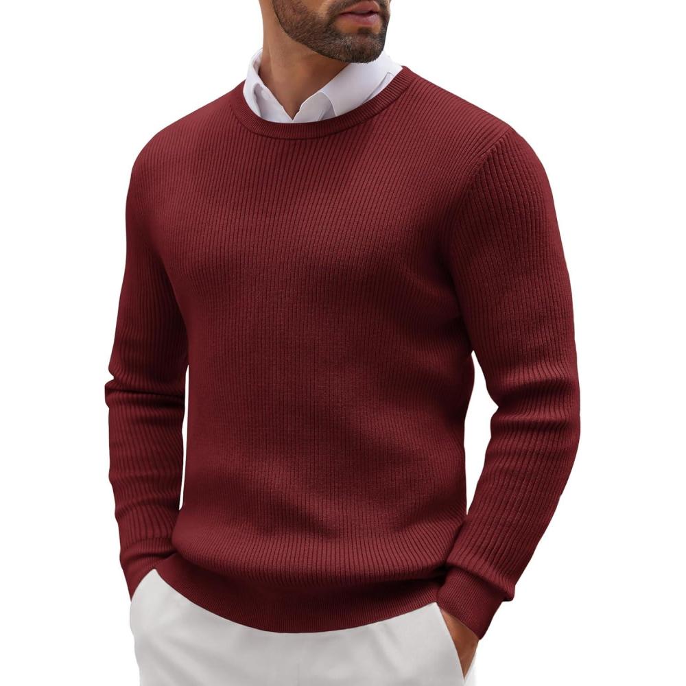 imageCOOFANDY Mens Ribbed Crewneck Sweater Long Sleeve Slim Fit Knitted Pullover SweaterWine Red